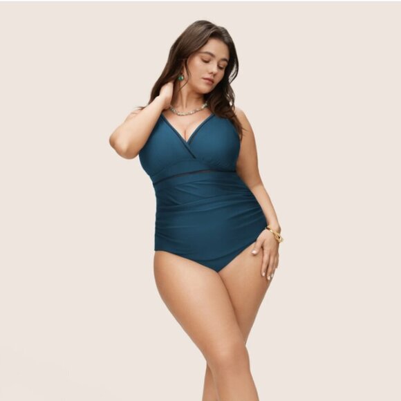BloomChic Plus Size Solid Adjustable Straps Gathered One Piece Swimsuit - Picture 3 of 3